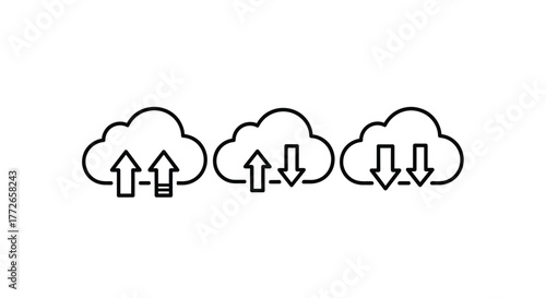 Cloud computing icons representing upload download and synchronization services for data transfer vector