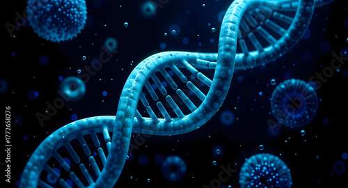 Bright DNA strand among human cells, molecular science and biotechnology visualization, 3d render