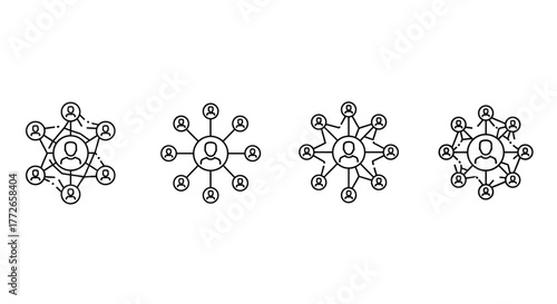 Four distinct network diagrams representing connections and interconnected systems in a clear graphic style vector