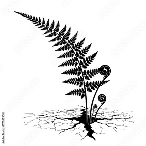 Fern frond unfurling with spiral buds and cracked earth silhouette isolated on white background