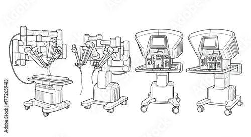 Detailed line art depictions of advanced medical robotic surgical systems vector