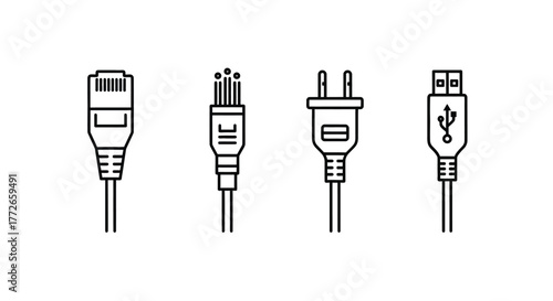 Collection of computer cable connectors and electrical plug icons set vector