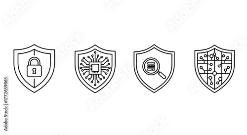 Digital security shields featuring lock chip magnifying glass and circuitry icons vector