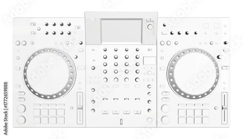 Polygonal black and white illustration of a Native Instrument DJ console. This professional device is used for mixing and controlling music tracks.