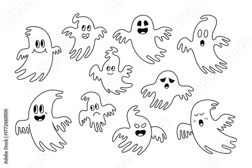 Collection of spooky black and white ghost illustrations in vector format for halloween vector