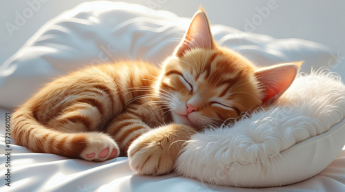 Charming Orange Kitten Napping Comfortably on a Soft Pillow, Peaceful and Cozy Dreamtime
