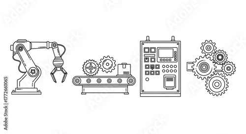 Robotic arm and industrial machinery symbols representing automation and manufacturing processes vector