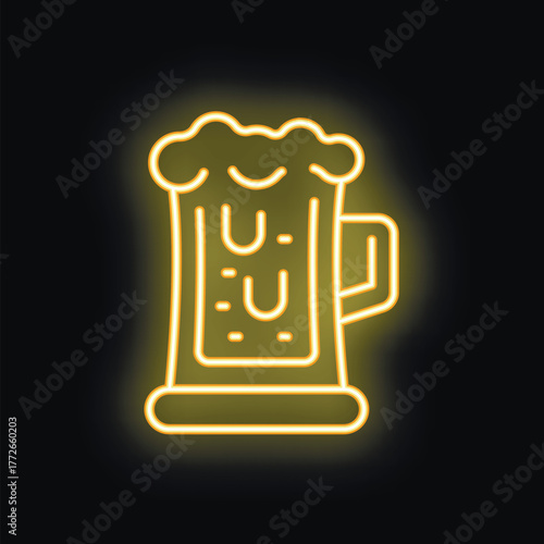 Neon sign illuminating a foamy beer glass, creating a warm and inviting glow against a dark backdrop