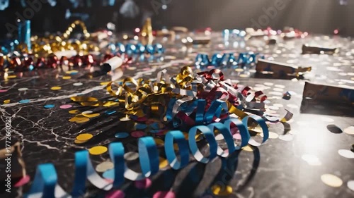 Wallpaper Mural Colorful confetti and streamers fall and scatter on dark glossy floor with dramatic spotlight creating festive party atmosphere Torontodigital.ca