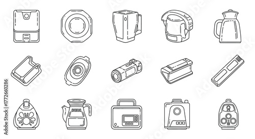 Collection of kitchen appliance outlines and kitchenware icons for food preparation and cooking vector