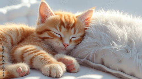 An adorable ginger tabby kitten sleeps peacefully, curled up for a nap in the soft morning light, looking serene and content
