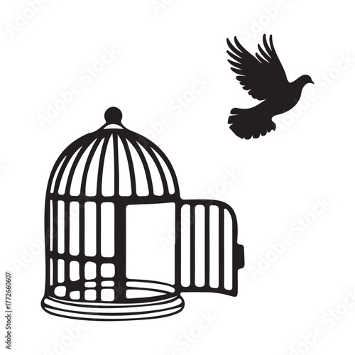 Bird Flying from Cage Symbolizing Freedom and Liberation Concept