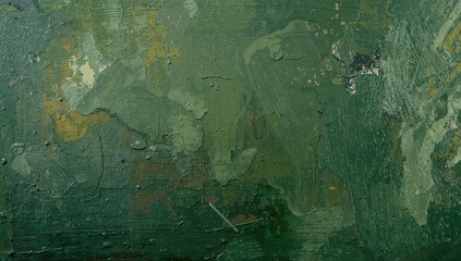 Green grunge backdrop with oil paint texture. Artistic detail segment.