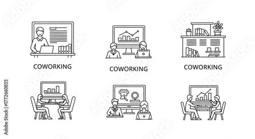 Modern coworking space icons for business and freelancer collaboration concepts vector