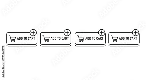 Four hand drawn shopping cart icons with add to cart text buttons for e-commerce vector