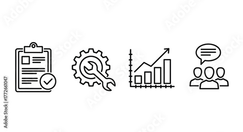Business process icons showing checklist tools growth chart and team collaboration for success vector
