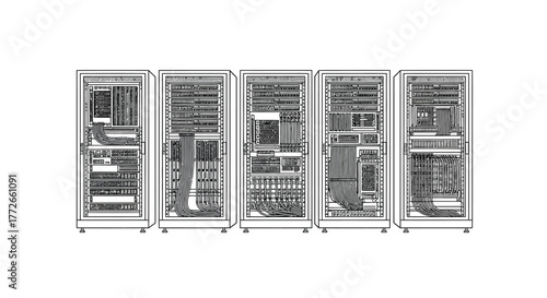 Row of five open wooden doors detailed inside visible creating intriguing pathway concept vector