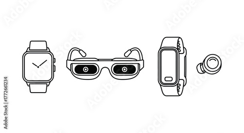 Modern wearable technology devices including smartwatch fitness tracker glasses and earbuds concept vector