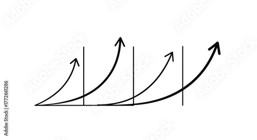 Hand drawn upward trend arrows showing growth and progress over time with vertical lines marking intervals vector