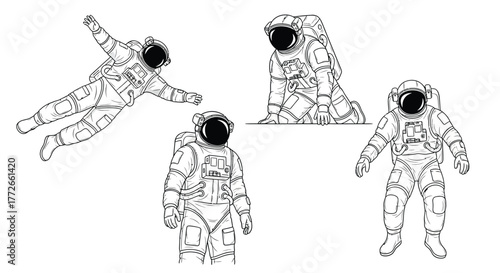 Set of four astronaut poses hand drawn line art figures for space exploration and science fiction themes vector