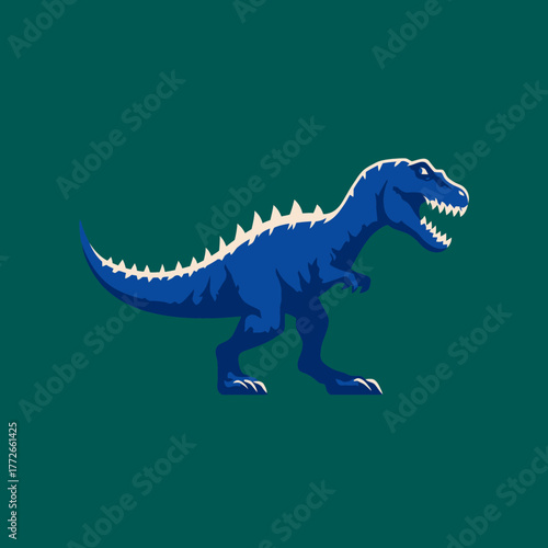Dynamic blue dinosaur illustration on a dark green background, featuring a stylized predatory prehistoric creature with sharp teeth and claws.
