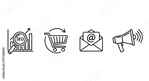 Hand drawn icons representing seo shopping email and marketing amplification for business growth vector