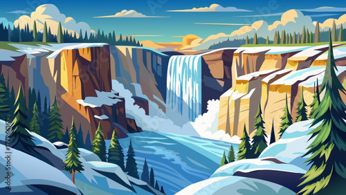 Very beautiful Lower Mesa Falls in winter near Ashton, Idaho, USA, with icy cliffs, snow-covered trees, and mist rising above the powerful waterfall in a serene mountain landscape.