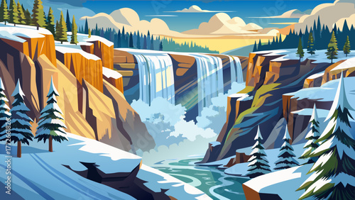 Very beautiful Lower Mesa Falls in winter near Ashton, Idaho, USA, with icy cliffs, snow-covered trees, and mist rising above the powerful waterfall in a serene mountain landscape.