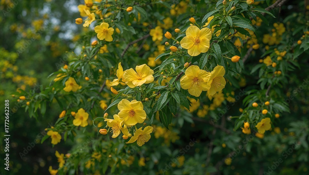 Obraz premium Vibrant yellow blooms on tree branches, seasonal change