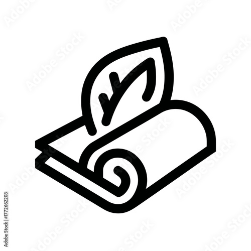 Eco-friendly organic fabric or sustainable natural material line icon with a fresh green leaf. Environmentally conscious textile symbol.