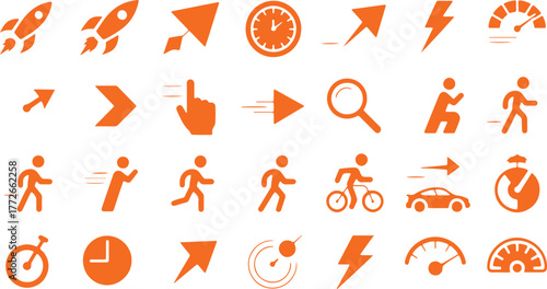 Speed Icon Set, Acceleration Silhouettes, Rocket Speedometer Lightning Bolt Motion Progress Dynamic Vector Illustration