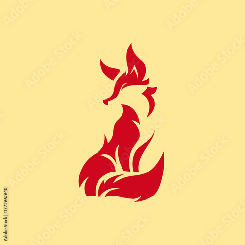 Minimalist red fox silhouette with fiery flame elements, modern dynamic animal graphic design on a yellow background