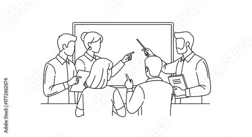 Business meeting team collaboration presenting ideas to colleagues around whiteboard drawing vector