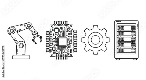 Industrial automation icons featuring robotic arm circuit board gear and server rack for technology concepts vector