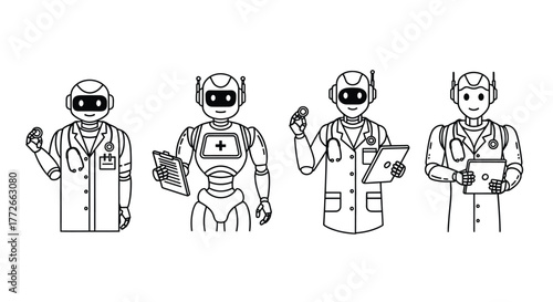Future of healthcare four robotic doctors in lab coats with stethoscopes and tablets vector