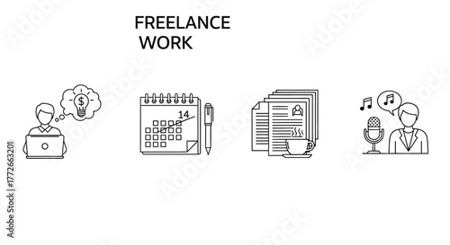 Freelance work icons representing remote jobs online business and creative projects vector