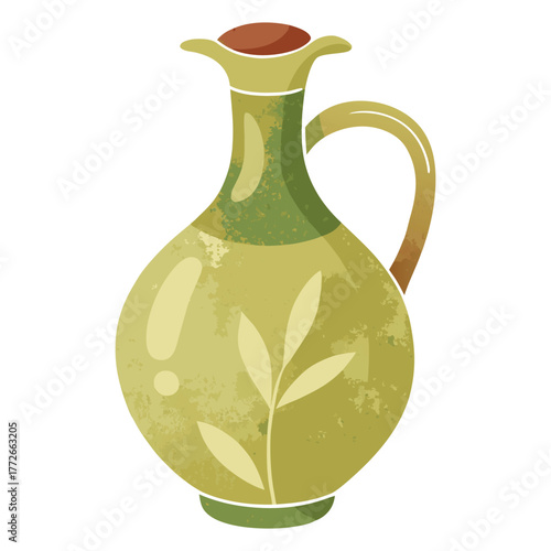 Decorative green ceramic pitcher with leaf design and red stopper