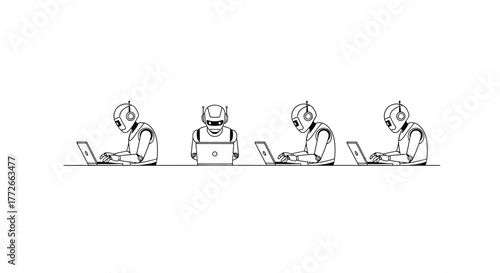 Robots working on laptops technology concept line art style row of automated machines vector