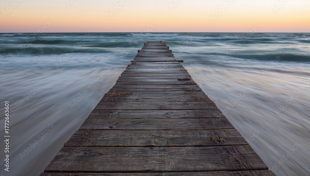 Obraz premium Sunset Over the Ocean Featuring an Old Jetty in Soft Focus and Motion Blur from Extended Exposure