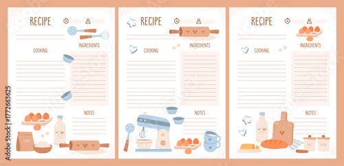 Baking recipe sheets with ingredients and kitchen tools. Perfect for cookbooks, planners, and culinary printables for home chefs.