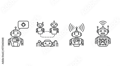 Set of four simple hand drawn robots expressing different communication concepts in sketch style vector