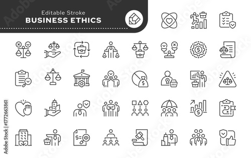 Business ethics line icon set. Moral standards, values, principles, honesty, fairness, trust, equality, compliance, anti-corruption, responsibility. Outline icon in linear style. Vector collection.	