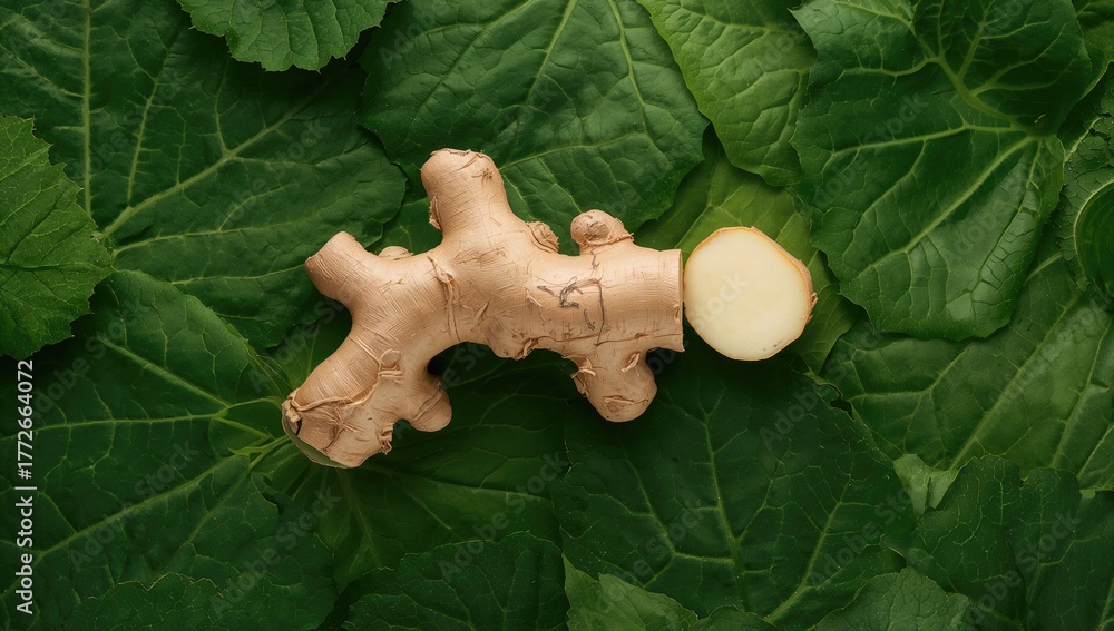 Fototapeta premium Ginger root with a sliced piece and green leaves on a textured surface, beneficial ingredient for health