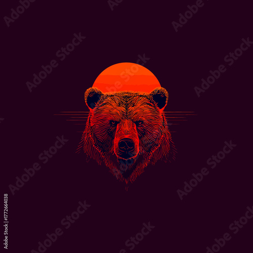 Powerful stylized bear head illustration with glowing orange sun, fierce wildlife graphic art on dark background