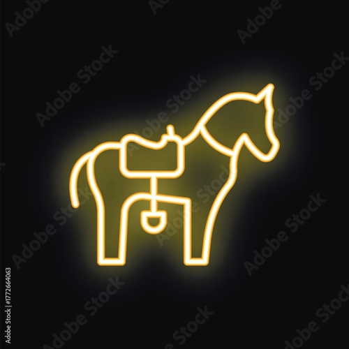 Yellow neon sign depicting a horse standing sideways with a saddle on its back, on a black background