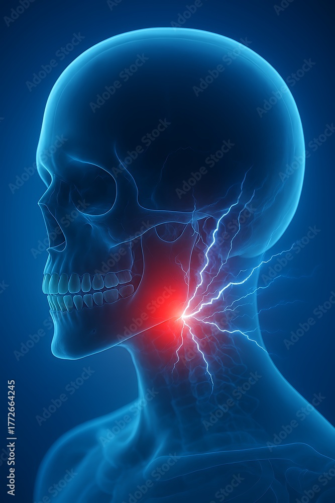 Obraz premium Human skull and neck with red painful spot and lightning effects