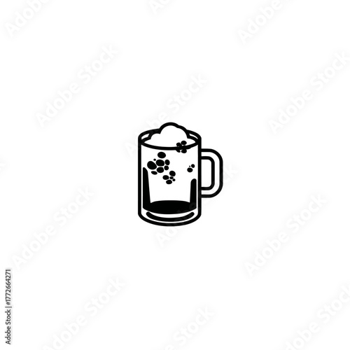 Beer mug icon with frothy foam and effervescent bubbles. Simple black and white line art illustration of an alcoholic beverage glass.