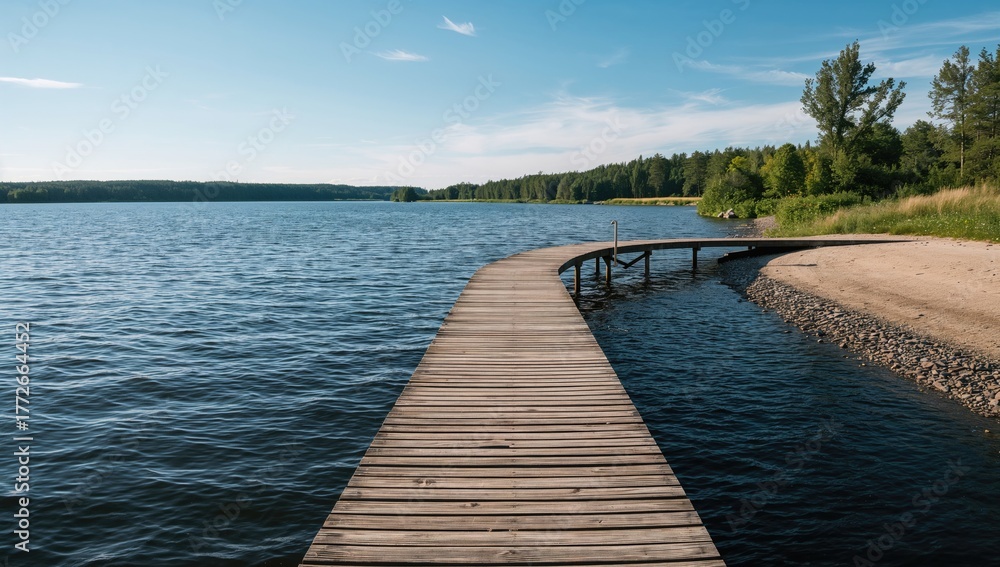 Obraz premium Empty wooden dock over calm blue water with gentle ripples. Aerial perspective of a lake or river surface. Water pattern close-up.