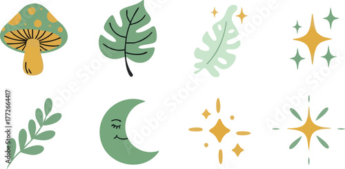 Boho Mystical Elements Collection Mushroom Leaves Moon and Stars.