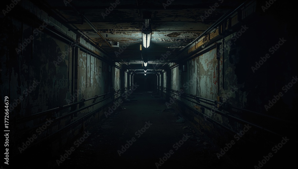 Fototapeta premium Dimly lit corridor in an abandoned Soviet bunker, exploring isolation
